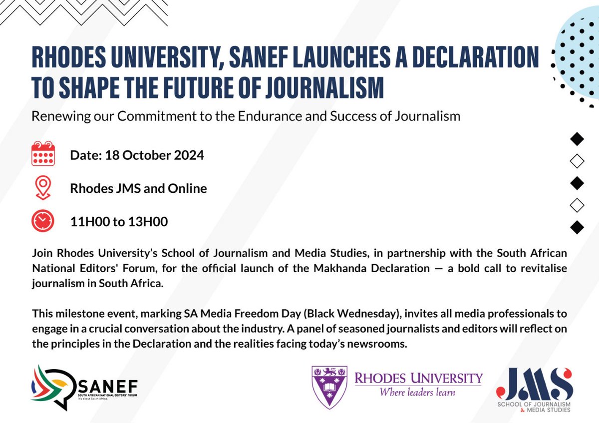 📰 Rhodes JMS &amp; SANEF are launching the Makhanda Declaration to renew the future of journalism in 🇿🇦!
Join the conversation on 18 Oct, 11AM-1PM (Hybrid).
RSVP for Zoom link: dzudzien@sanef.org.za  #MakhandaDeclaration #MediaFreedomDay
