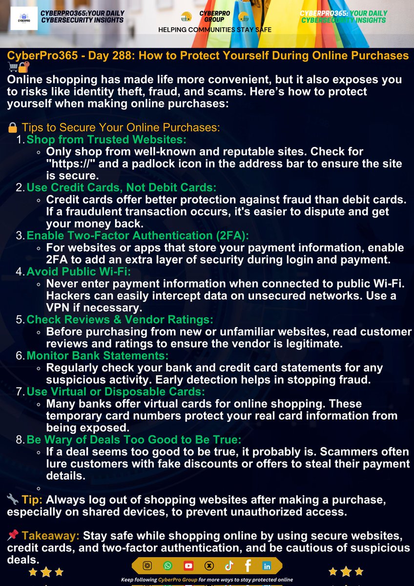 CyberPro365 - Day 288: How to Protect Yourself During Online Purchases 🛒🔐

#CyberSecurity
<a href="/Cybersec_Rwanda/">National Cyber Security Authority</a>