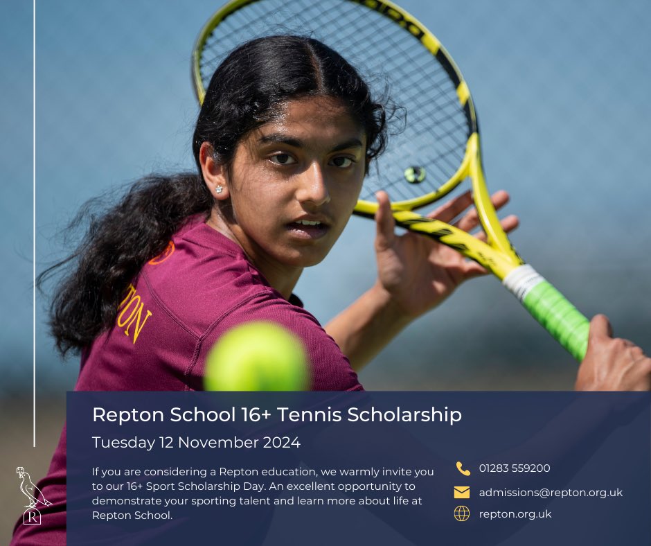 We would be delighted to see you at our 16+ Scholarship Day in November. Find the right balance to excel academically, alongside your performance tennis <a href="/ReptonSchool/">Repton School</a> 
 
📧 Please contact admissions@repton.org.uk to find out more information or to chat with our coaching team! 🎾