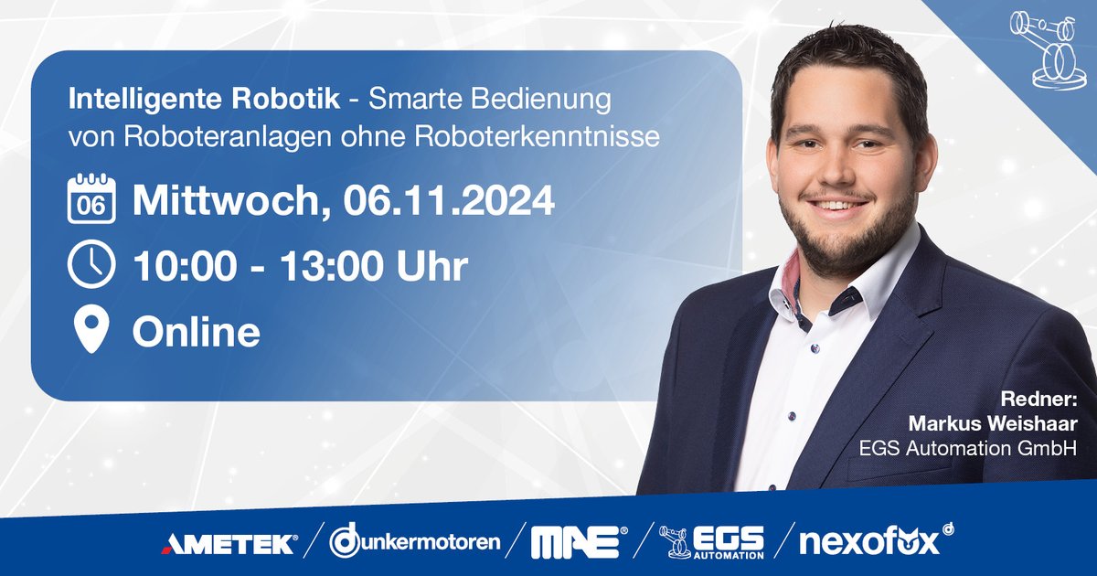 Erleben Sie die Zukunft der Robotik – kostenfrei &amp; digital! 🤖

📅 6. Nov. 2024, 10-13 Uhr
📍 Online

In der Websession „Intelligente Robotik“ zeigen Experten, wie smarte Software &amp; KI die Robotik revolutionieren! Mit dabei: EGS Automation

Jetzt anmelden
automationspraxis.industrie.de/intelligente-r…