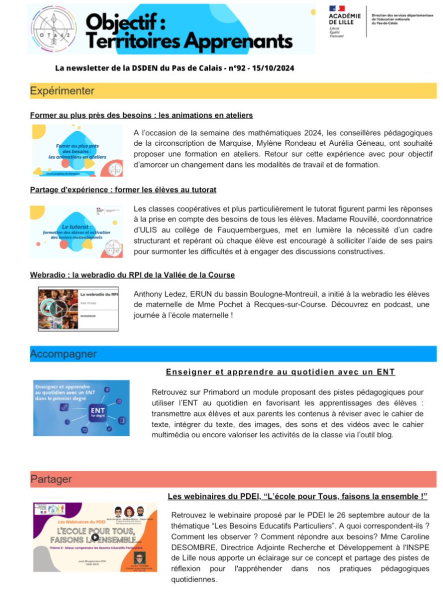 La newsletter OTA #92 est en ligne ! Au sommaire : 
➡️ Formation : animations en ateliers 
➡️ Partage d'XP : former les élèves au tutorat 
➡️ Webradio : un podcast en maternelle 
➡️ Enseigner et apprendre : ressources <a href="/eduscol_prim/">éduscol Primàbord</a> 
➡️ Webinaire #PDEI EBEP
ota62.site.ac-lille.fr/ota-newsletter…