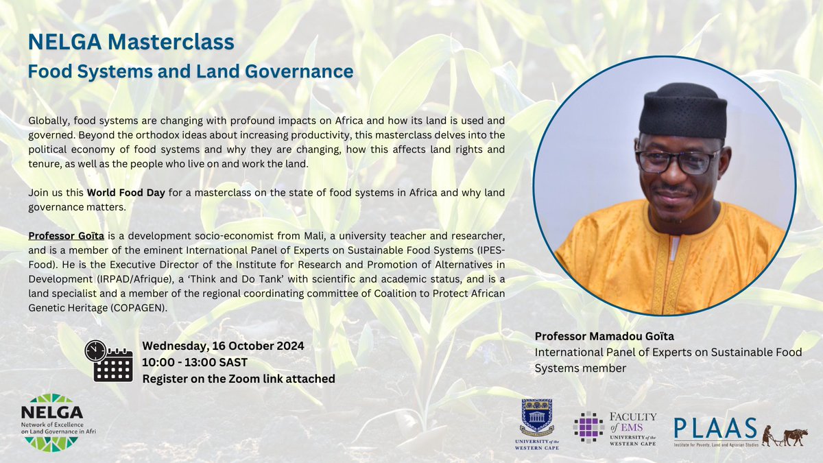 PLAAS (@plaasuwc) on Twitter photo This #WorldFoodDay, join us for a seminal <a href="/NELGA_AU/">NELGA</a> Masterclass with Prof Mamadou Göita of <a href="/IPESfood/">IPES-Food</a> on changing food systems and its effect on land governance. <a href="/NEPAD_Agency/">AUDA-NEPAD</a> <a href="/AUC_CAADP/">AUC CAADP</a> <a href="/AfDB_Group/">African Development Bank Group</a> <a href="/ECA_OFFICIAL/">ECA</a> <a href="/ecowas_agric/">ECOWAS Agriculture</a> <a href="/SADC_News/">SADC Secretariat</a> Register: shorturl.at/YHKgs #WFD2024 This #WorldFoodDay, join us for a seminal <a href="/NELGA_AU/">NELGA</a> Masterclass with Prof Mamadou Göita of <a href="/IPESfood/">IPES-Food</a> on changing food systems and its effect on land governance. <a href="/NEPAD_Agency/">AUDA-NEPAD</a> <a href="/AUC_CAADP/">AUC CAADP</a> <a href="/AfDB_Group/">African Development Bank Group</a> <a href="/ECA_OFFICIAL/">ECA</a> <a href="/ecowas_agric/">ECOWAS Agriculture</a> <a href="/SADC_News/">SADC Secretariat</a> Register: shorturl.at/YHKgs #WFD2024