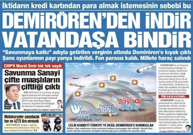 Çok acayip bir ülke. 
Maliye bürokratları Mehmet Şimşek’in talebiyle “nereden vergi gelirlerini artırabiliriz” çalışması yapıyor.
Bir tanesi devletin nasıl soyulduğunun göstergesi
Şans oyunları Demirören’e devredildiğinden bu yana KDV’sini ödemiyor. 
Yani Demirören vatandaştan