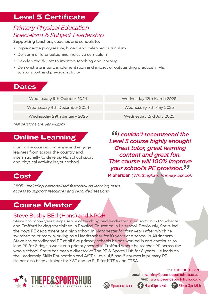 Although the first date of our online course has taken place, we can still welcome new delegates from across the country.

The Level 5 will support teachers, teaching assistants and sports coaches to improve the overall leadership and management of the delivery of PE.