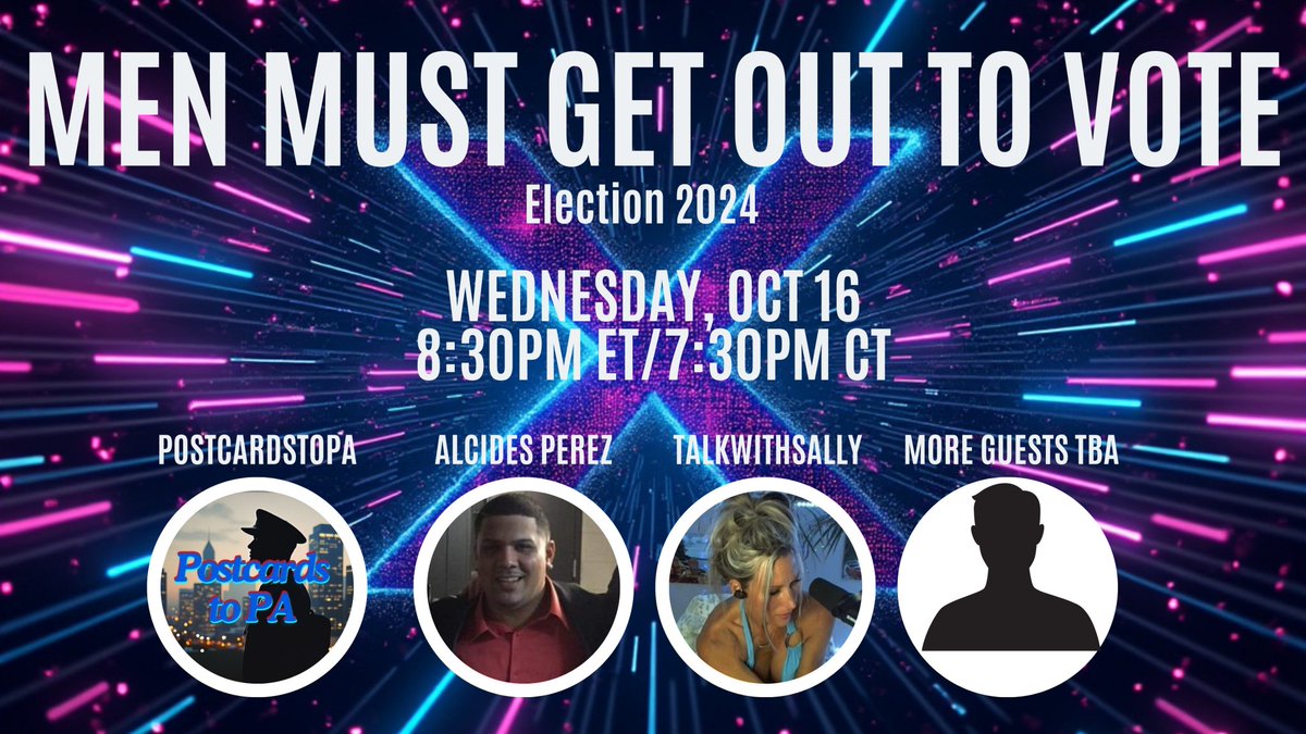 Wednesday evening, we have a great space lined up with @SazonLes
<a href="/TalkWithSally/">Sally</a> and others TBA all about the 10 million men who didn't vote in 2020 and getting them out this year to ensure a Trump victory! x.com/i/spaces/1vAxR…