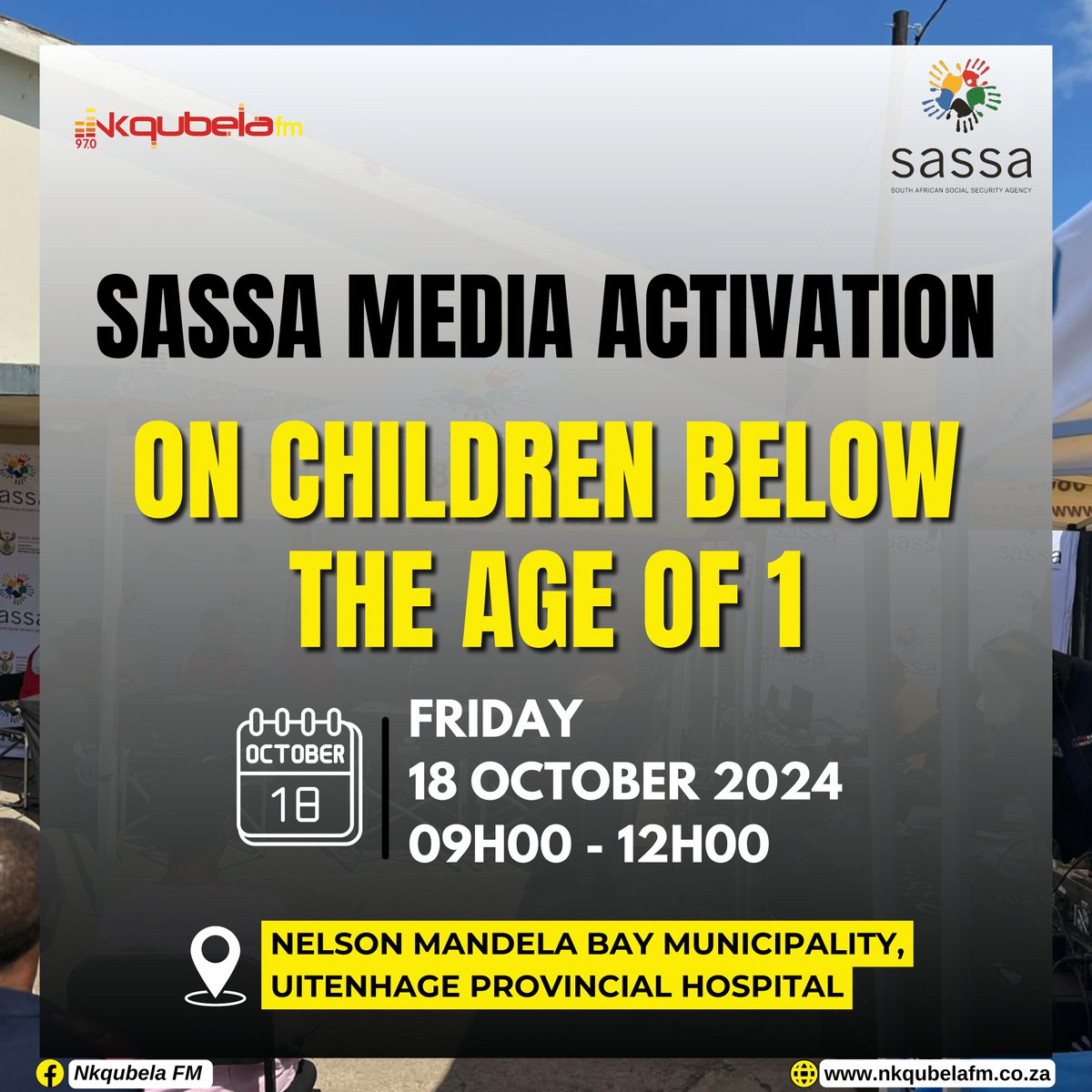 South African Social Security Agency will be having media activation on Children below the age of 1.

Uitenhage residents and surroundings this service is for you. We will be in Uitenhage Provincial Hospital.

<a href="/NkqubelaFM/">NkqubelaFM</a> will be broadcasting the activation live, do tune in 📻