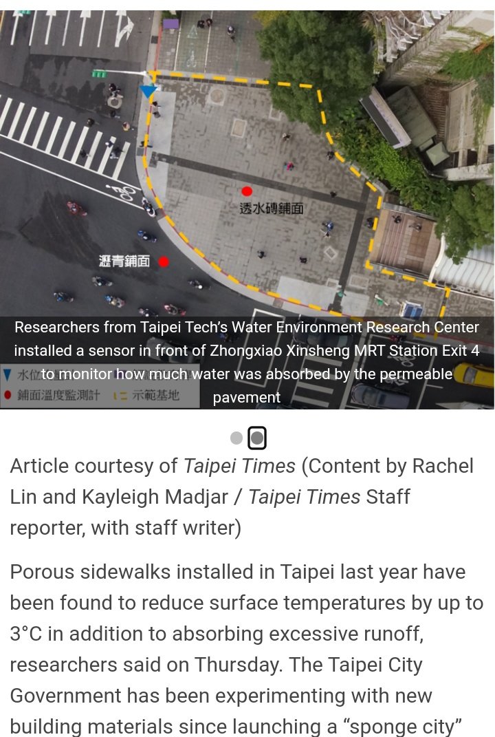 syawal's tweet image. &quot;data  gathered from March 9 to Aug. 31 showed that the sidewalk can reduce runoff by 13.8% to 63.4%, or about 40% on average, compared with traditional materials, the center said. Its surface temperature was on average 2.5°C cooler than asphalt,&quot; #spongecities