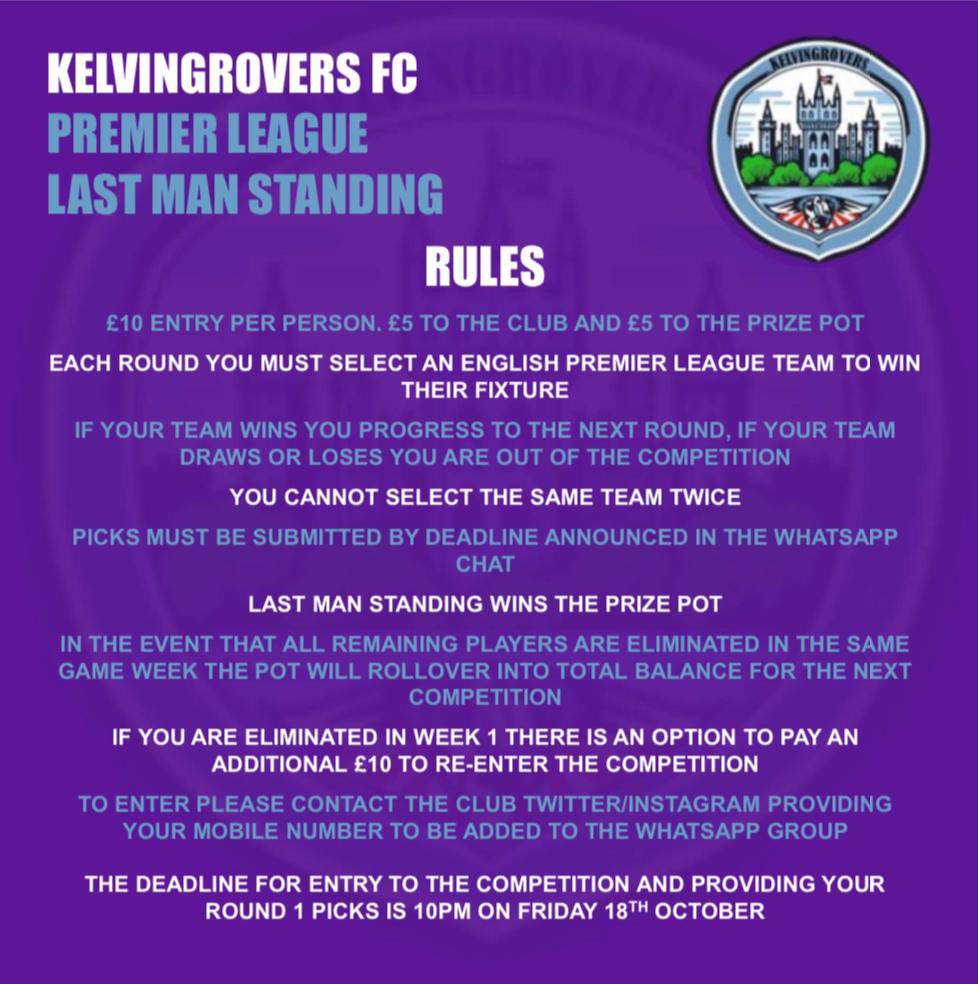 🚨LMS is back🚨

Our Last Man Standing competition is back this weekend - see above for the rules and set up. 
Our first competition of this season was won after only 7 weeks with the winner taking home a nice £295 from their tenner!