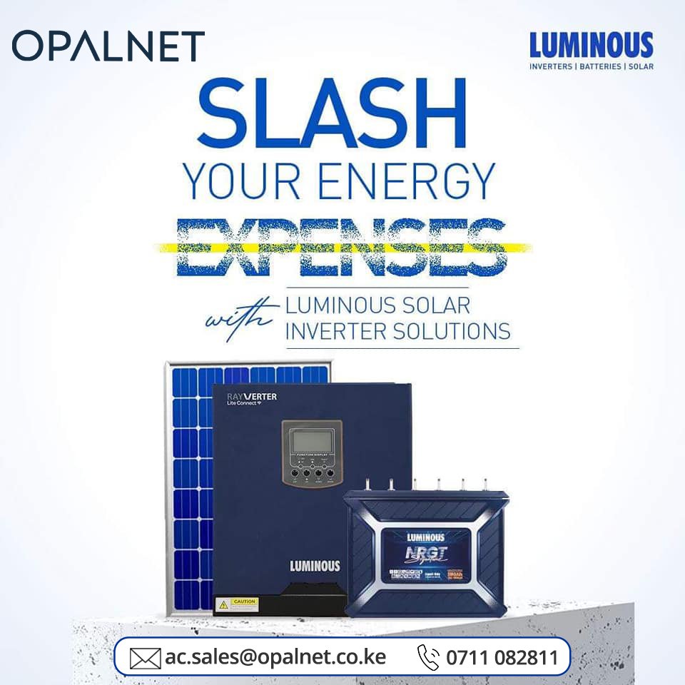 OpalnetLimited's tweet image. Say goodbye to skyrocketing bills &amp;amp; hello to clean, affordable energy. With Luminous Solar Inverter Solutions, you can power your home or business while saving big on energy costs.
Contact us at 0711 082811 or email ac.sales@opalnet.co.ke for more details.
#LuminousSolar