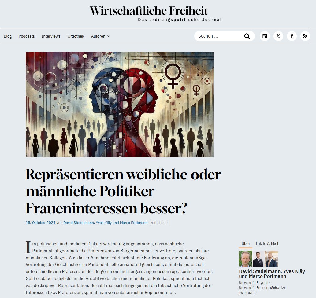 davidstadelmann's tweet image. Unterscheiden sich weibliche &amp;amp; männliche Abgeordnete in der Repräsentation der Bürger:innen? Unsere Forschung zeigt: Unterschiede sind gering. Eine gleichmäßige Geschlechterverteilung allein garantiert keine bessere Repräsentation. #Politik #Repräsentation wirtschaftlichefreiheit.de/wordpress/?p=3…