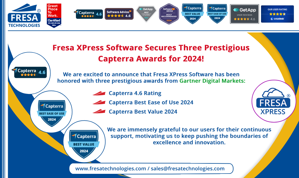 fresatechnology's tweet image. Fresa XPress Software Secures Three Prestigious Capterra Awards for 2024!
We are excited to announce that Fresa XPress Software has been honored with three prestigious awards from Gartner Digital Markets
#fresa #ThankYouUsers #SoftwareRecognition #PushingBoundaries #Grateful