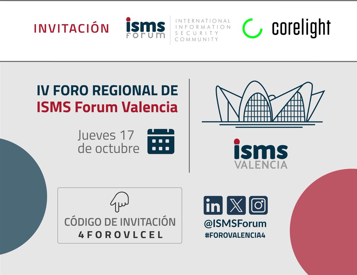 DotForce_Spain's tweet photo. 📢 ¡Solo quedan 2 días! ¡Regístrate gratis!
https://t.co/kXywdUX9Vn

📅 Visítanos este jueves en el IV Foro regional de ISMS Forum Valencia y 🎤 asiste a la mesa redonda "El riesgo, la probabilidad y la frecuencia. ¿Nos preparamos para el impacto?" con @JoseLuis_Pozo https://t.co/b2sqhaTwM4