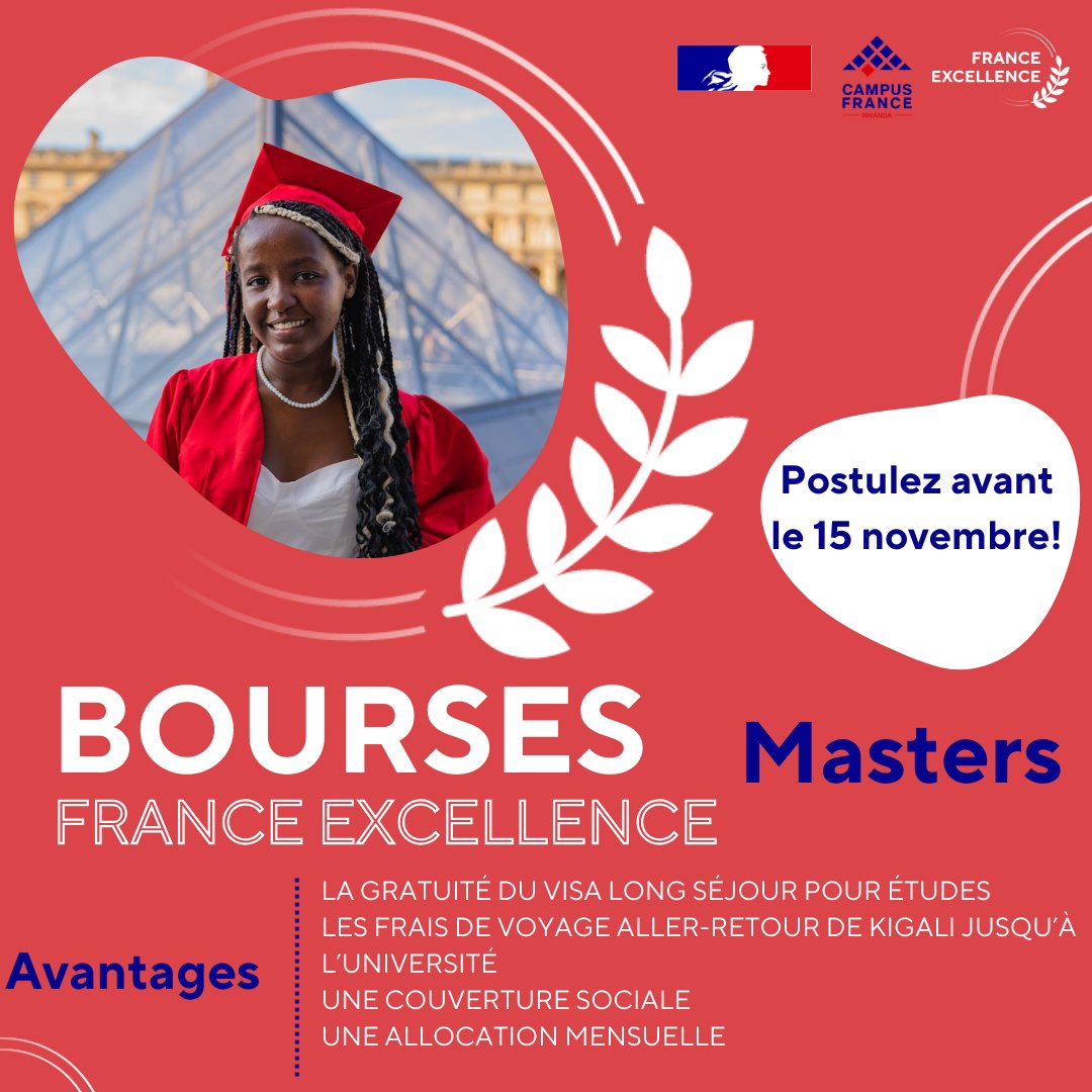 #Bourse d'études💰 

L'<a href="/ambafrancerwa/">Ambassade de France au Rwanda 🇫🇷🇪🇺</a> accompagne les étudiant.e.s rwandais 🎓🇷🇼 qui souhaitent suivre un #Master en #France 🇫🇷 pour la rentrée universitaire de septembre 2025.

👉  Plus d’info ici : bit.ly/3NqmVmd