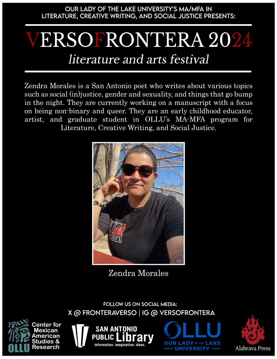 OctQuintanilla's tweet photo. VersoFrontera Literature &amp; Arts Festival, Oct 18 @ The Carver Branch Library &amp; Oct 19 @ Our Lady of the Lake University.  Save the dates! Free &amp; open to public 

@FronteraVerso

#versofrontera #versofrontera2024 #alabravapress #ollusa #sanantoniotx #poetry #literature #art https://t.co/FU1zUjSUeS