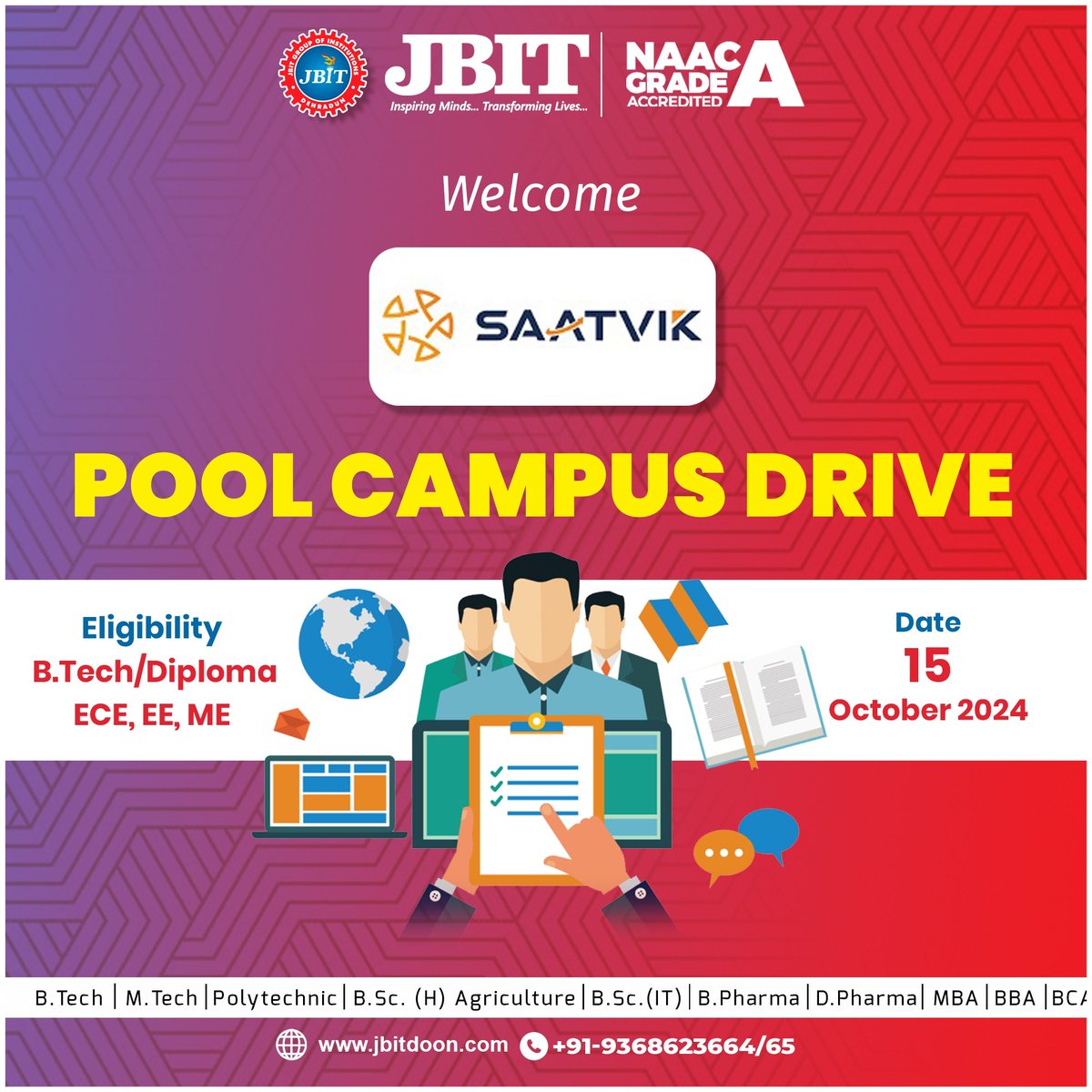 jbitdoon2009's tweet image. Students are requested to pay attention!!! We are pleased to announce that Campus drive of Saatvik will be held on 15-10-2024. 
#jbitgroupofinstitutions #Saatvik #CampusDrive #JBITDehradun #DreamJob #CareerOpportunities
