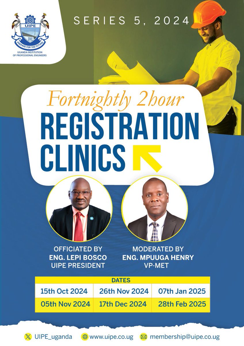 UIPE_Uganda's tweet photo. Exciting News! 

Our Registration Clinics resume today, 15th Oct 2024. This is a great opportunity for those looking to complete their membership process. 

Register in advance for this meeting:
https://t.co/qapkZaol0Q 

#Engineering  #UIPEUpdates https://t.co/41XgvNVhdi