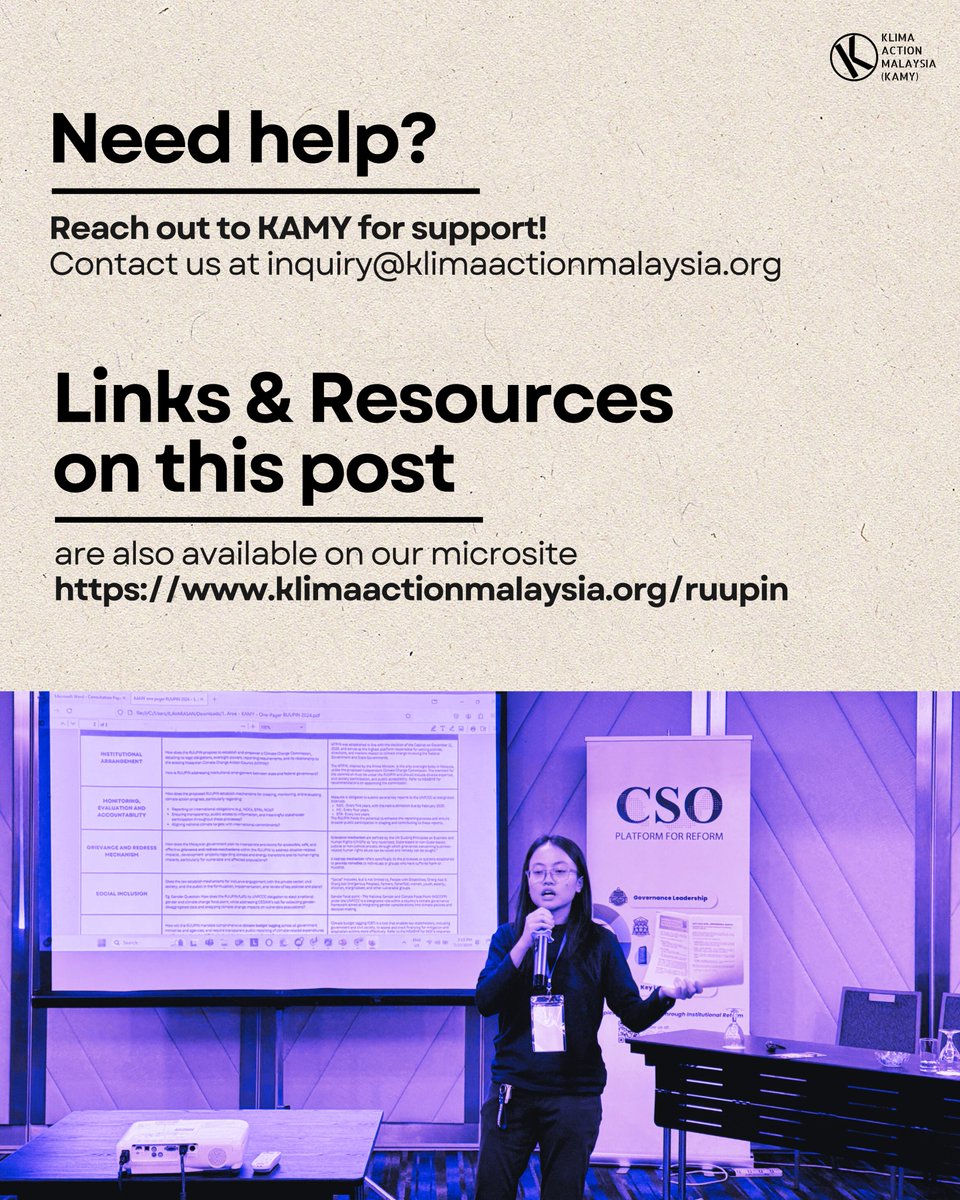 Steps to contribute:

1) Read the consultation paper
2) Use KAMY's one-pager guide
3) Submit your comments

We've compiled resources in our microsite: klimaactionmalaysia.org/ruupin

Need help? Contact us at inquiry@klimaactionmalaysia.org