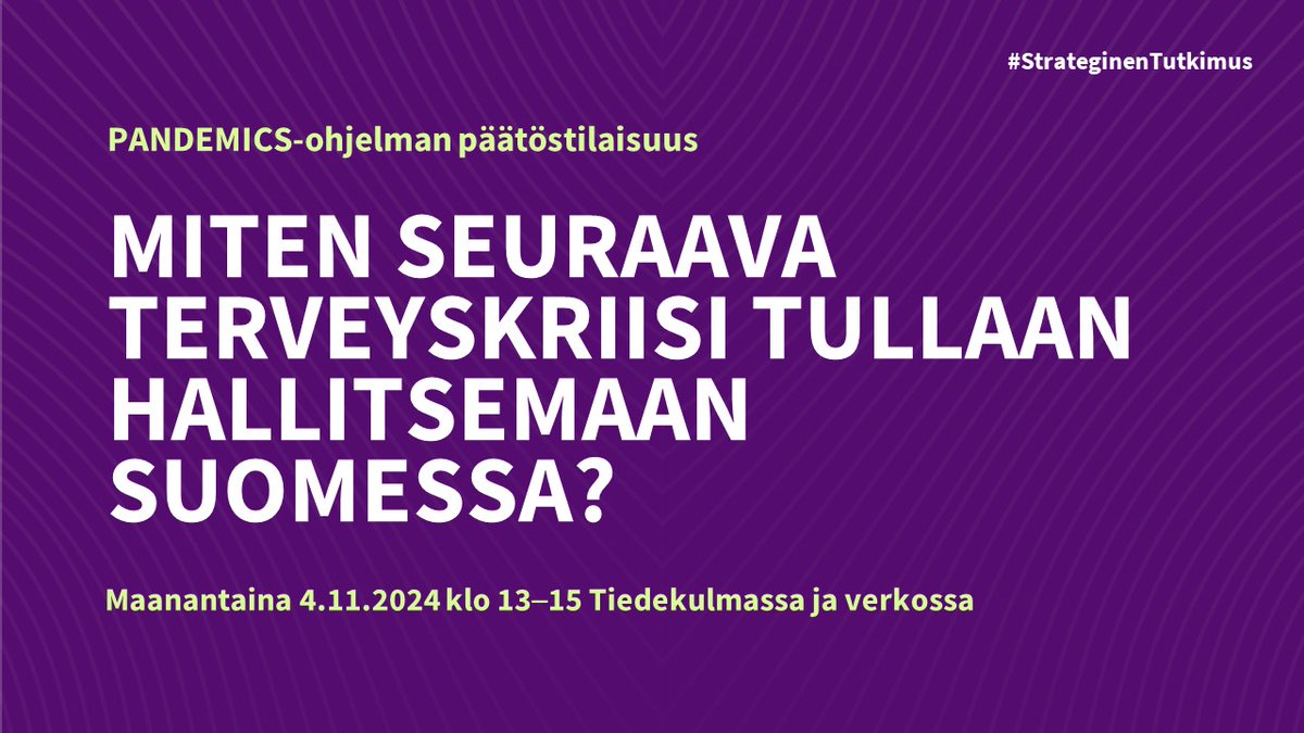 Tule <a href="/tiedekulma/">Tiedekulma</a>'an tai linjoille 4.11.2024 kuulemaan seuraavan terveyskriisin hallinnasta Suomessa. Tilaisuudessa julkaistaan myös #PANDEMICS-ohjelman tuloksia yhteen vetävä raportti. Lisätiedot ja ilmoittautuminen: aka.fi/strateginen-tu…
#StrateginenTutkimus <a href="/Akatemia_STN/">Strateginen tutkimus</a>