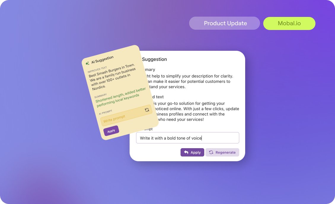 AI for Business Descriptions → Mobal's new AI assistant simplifies creating optimized business descriptions, saving time and enhancing SEO visibility while allowing for customization and consistency across profiles.

#mobal #localseo #googlebusiness