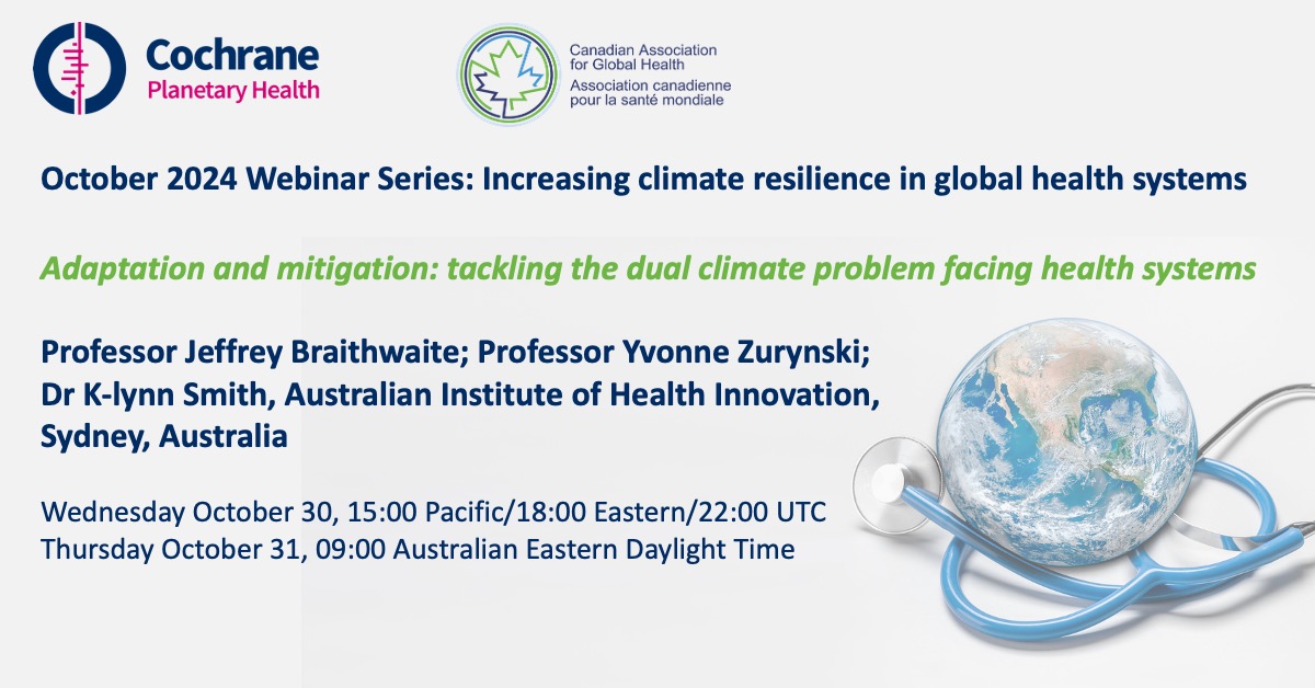 Australian Institute of Health Innovation (@aihi_mq) on Twitter photo Register now for the Cochrane Planetary Health and Canadian Association for Global Health <a href="/CAGH_ACSM/">Can Global Health │ Santé mondiale Can</a> <a href="/cochranecollab/">Cochrane</a> webinar with <a href="/JBraithwaite1/">Jeffrey Braithwaite</a> on 'Tackling the dual climate problem facing health systems'
Registration: bit.ly/3TXOfMi Register now for the Cochrane Planetary Health and Canadian Association for Global Health <a href="/CAGH_ACSM/">Can Global Health │ Santé mondiale Can</a> <a href="/cochranecollab/">Cochrane</a> webinar with <a href="/JBraithwaite1/">Jeffrey Braithwaite</a> on 'Tackling the dual climate problem facing health systems'
Registration: bit.ly/3TXOfMi