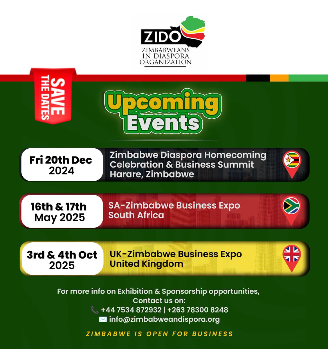 Get ready for an incredible lineup of events heading your way! Don't forget to save the dates and keep an eye out for more thrilling updates. #InvestInZimbabwe #UK/ZimExpo #Zido