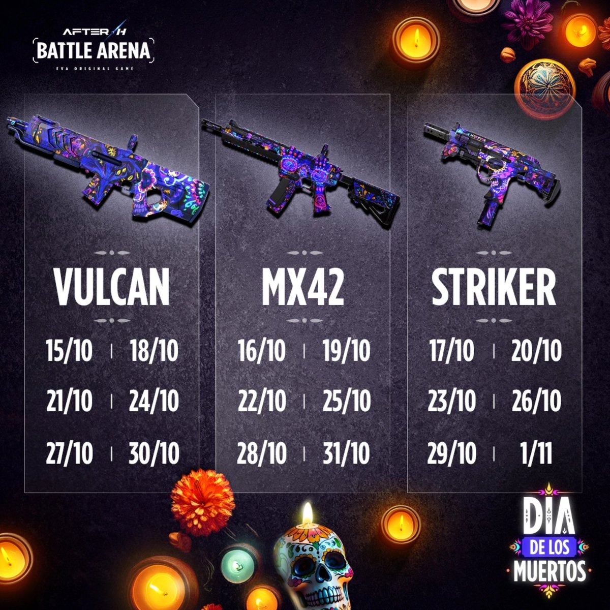 À l'occasion d'halloween on vous offre des skins de la mort qui tue ! La collection de skins collector "Dia de los muertos" est disponible gratuitement et définitivement... Il suffit de venir jouer aux dates ci dessous !