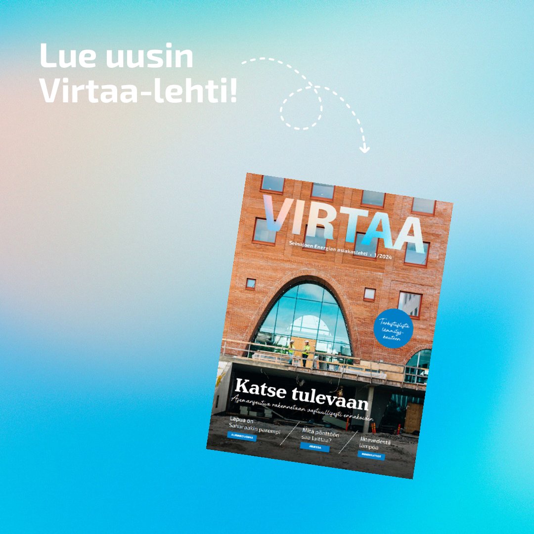 Virtaa-asiakaslehtemme tuorein numero  tarjoaa luettavaa muun muassa

👉 Lapuan Heininevan uudesta aurinkopuistosta
👉 Seinäjoen uudeksi maamerkiksi nousevasta asemanseudusta
👉 Lämmön talteenotosta jätevedestä
👉 Varautumisesta sähkökatkoihin
 Lue lisää: seinajoenenergia.fi/wp-content/upl…