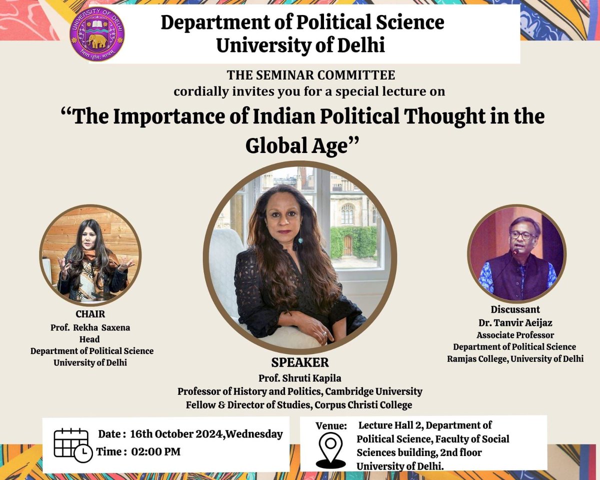deepakrsdu's tweet photo. Special Lecture on "The Importance of Indian Political Thought in the Global Age" organised by the Department of Political Science, University of Delhi. https://t.co/izMtXF9ytX