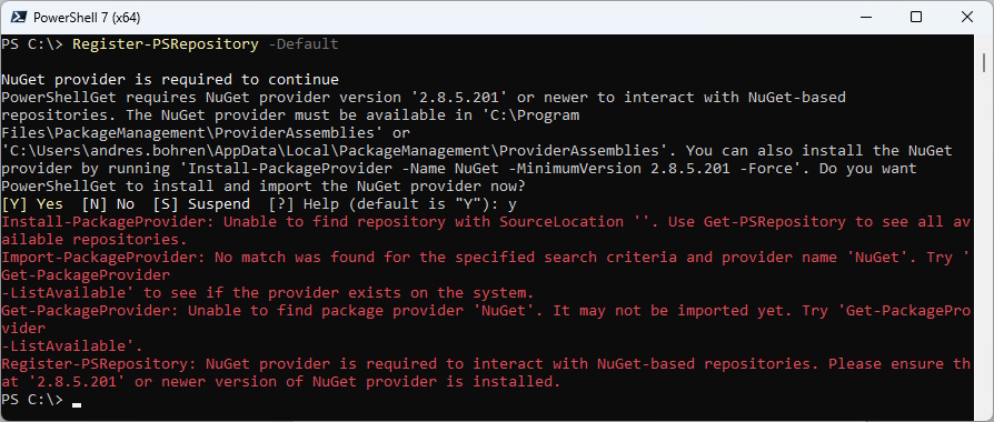 andresbohren's tweet image. 🚨Recently had no #PowerShellGallery in #PSRepository on #PowerShell7 and couldn't register it. Wrote an #Blog Article how i fixed it.
Do you have the same issue?
bit.ly/4dP6aMq