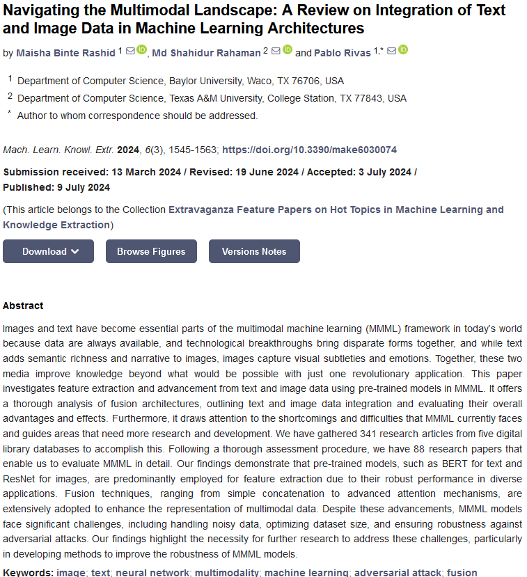 MAKE_MDPI's tweet photo. 💡 The paper explores the #integration of #text and #image data in #multimodalmachinelearning (MMML).  It reviews how text and images complement each other, with text adding  semantic meaning and images capturing visual details. 

🔎 https://t.co/ngsKWCjo1b https://t.co/JdrseBhGRa