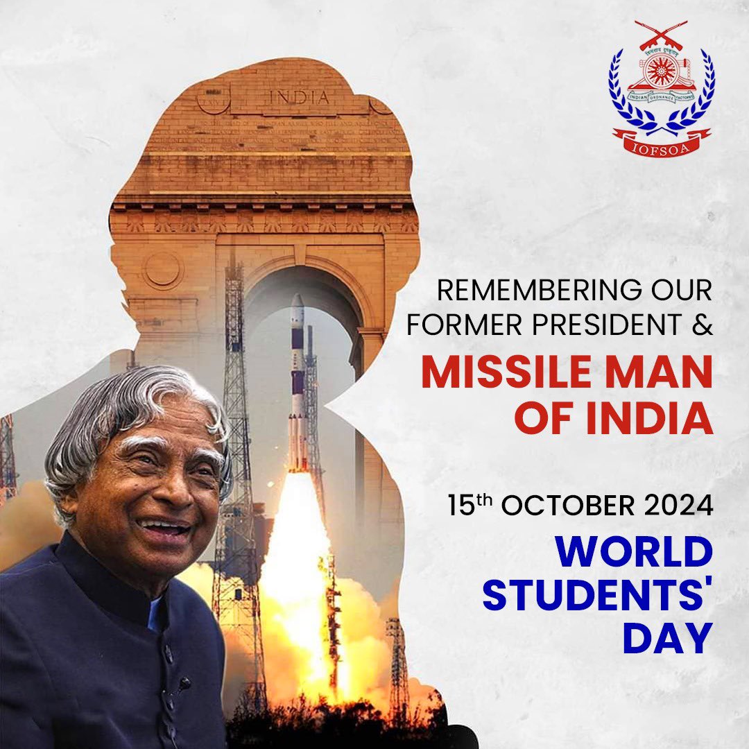 iofsoa's tweet image. Honoring the legacy of Dr. APJ Abdul Kalam on #WorldStudentsDay – A visionary leader, beloved teacher, and the Missile Man of India. 🌍📚🚀 His life continues to inspire millions to dream big and achieve greatness! #IOFS #IOFSOfficersAssociation #IOFDOA #OrdnanceFactories