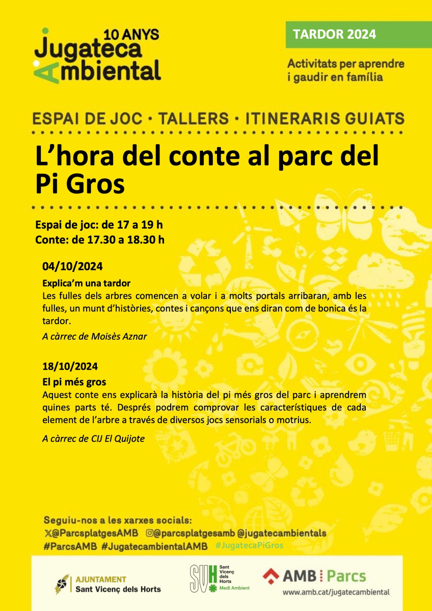 📖 Nova sessió de l'Hora del conte al parc del Pi Gros.

🗓️ 18 d'octubre. El pi més gros, amb CIJ El Quijote.
- Espai de joc de 17 a 19 h.
- Conte de 17.30 a 18.30 h.

👀 Més info a la imatge!

@parcsplatgesamb #ParcsAMB #JugatecambientalAMB #JugatecaPiGros #SantVicençdelsHorts