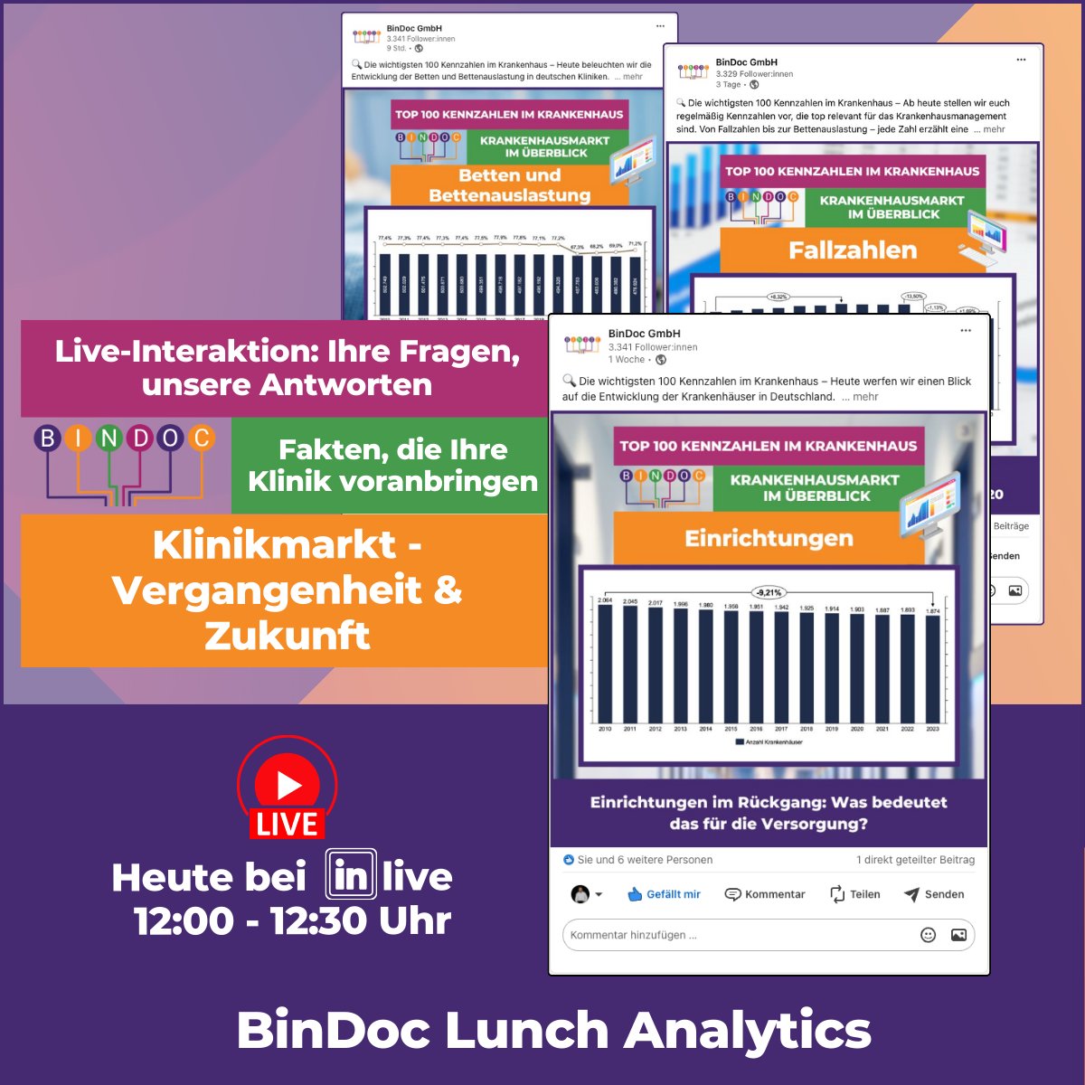 In wenigen Stunden geht's los – BinDoc Lunch Analytics!
Angemeldet? Nicht vergessen, live dabei zu sein. Kurzentschlossen? Nehmen Sie spontan am LinkedIn Live-Event teil. Hier zur Session: hubs.la/Q02Tj6vl0