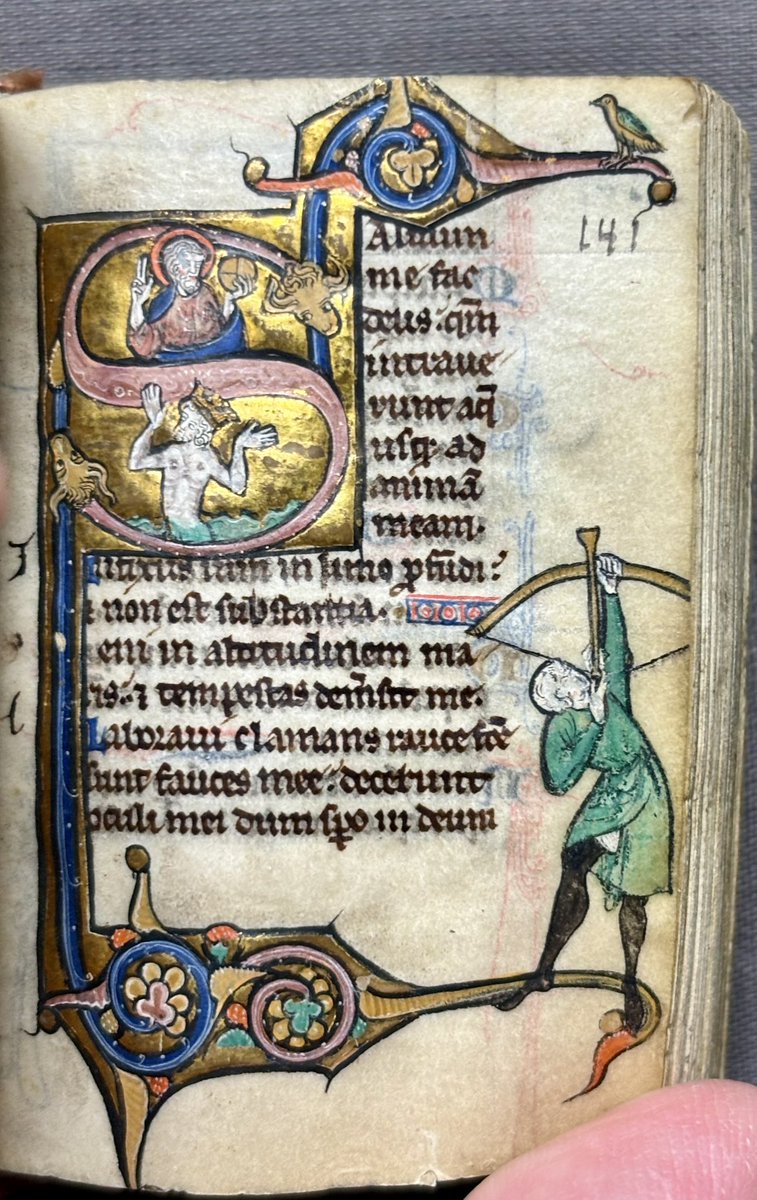 Jan Pauwels (@janpauwelskbr) on Twitter photo A true pocket book!
 
Ms. 14862 <a href="/kbrbe/">KBR</a>, a 13th-century psalter of 7 x 5 cm, written and illustrated in Hamage Abbey (France)
 
F. 141: King David in water up to his waist; a bowman shooting an arrow at a bird
From the Renesse-Breidbach collection, auctioned in Antwerp in 1835 A true pocket book!
 
Ms. 14862 <a href="/kbrbe/">KBR</a>, a 13th-century psalter of 7 x 5 cm, written and illustrated in Hamage Abbey (France)
 
F. 141: King David in water up to his waist; a bowman shooting an arrow at a bird
From the Renesse-Breidbach collection, auctioned in Antwerp in 1835
