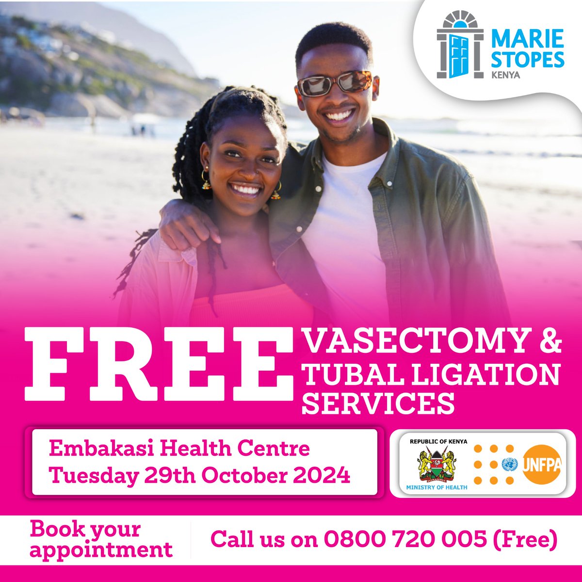 We're excited to announce that we will be providing FREE Vasectomy and Tubal Ligation services in Nairobi County this October.

Click the link below to book your appointment.
mariestopes.or.ke/book-an-appoin… or call us on 0800720005.