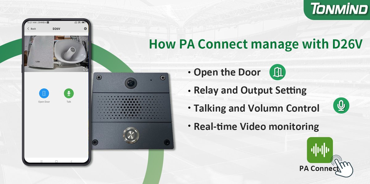 Jeff_PAsolution's tweet image. #Tonmind #IPVideoIntercom works with a mobile #PAsystemApp PA-Connect

📷Access control function-Open the door
📷Realtime camera-monitoring and talk
📷Name and volumn control of each intercomes
📷Multi video intercoms managed at a mobile device
📷Support both Android and IOS.