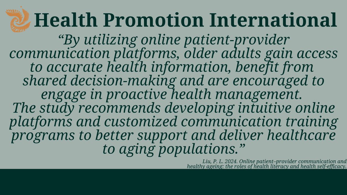 🔔NEW at Health Promotion International

“Online patient–provider communication (OPPC) is essential for enhancing health literacy and self-efficacy in older adults, which in turn leads to improved health outcomes and quality of life.”

Read here: doi.org/10.1093/heapro…