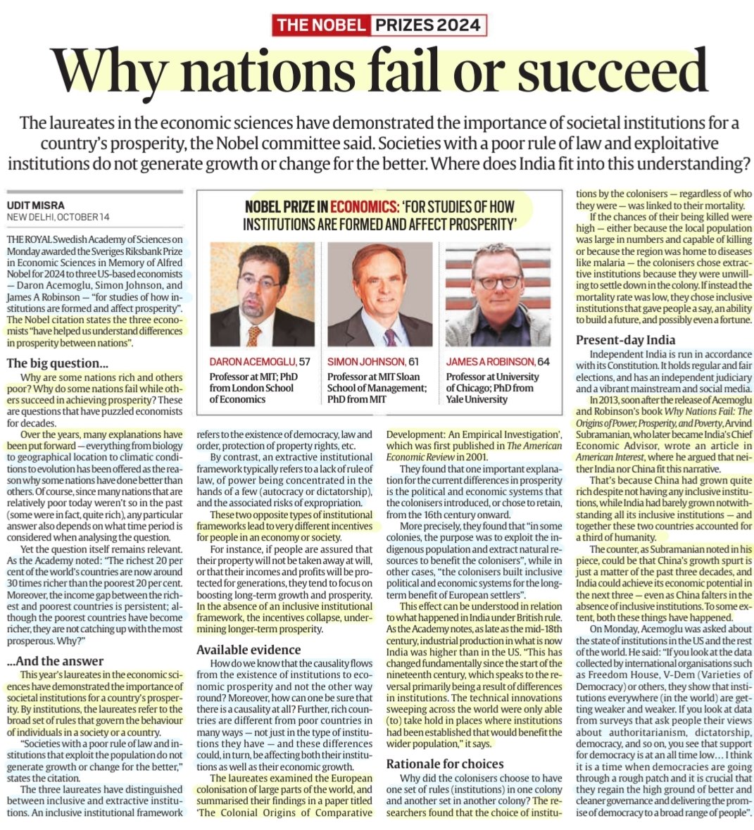 #NobelEconomía2024

'Why nations fail or succeed'

#NobelPrize in Economics:Studies of hw institutions r formed &amp;affect Prosperity 
#DaronAcemoglu #SimonJohnson
#JamesRobinson

:Details by Sh Udit Misra
<a href="/ieuditmisra/">Udit Misra</a> 

#social institutions- colonization-impact,India &amp;
More

#UPSC