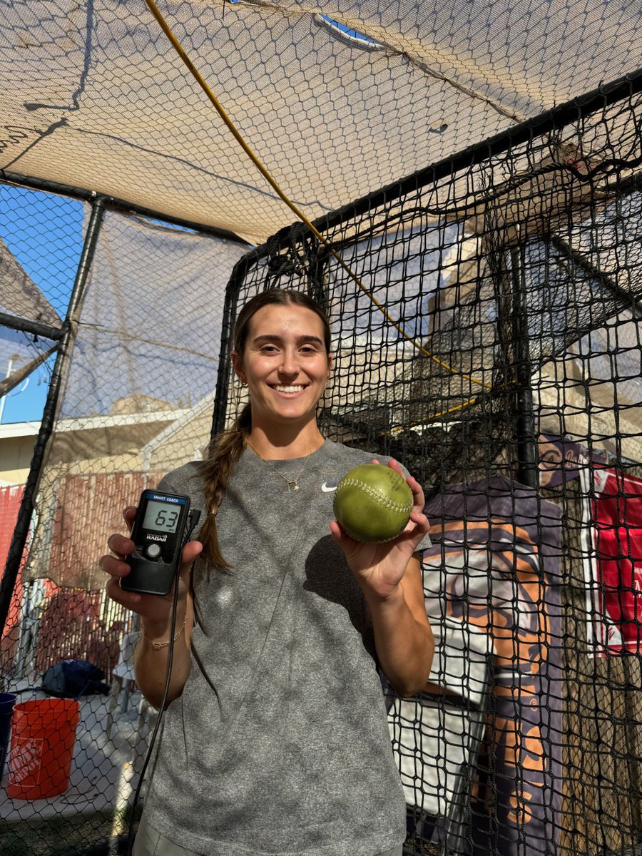 These are pictures of me hitting 60 and 63, 2 months apart! These were with light balls, but in my last few games i’ve been clocked at these speeds! #softball #pitcher