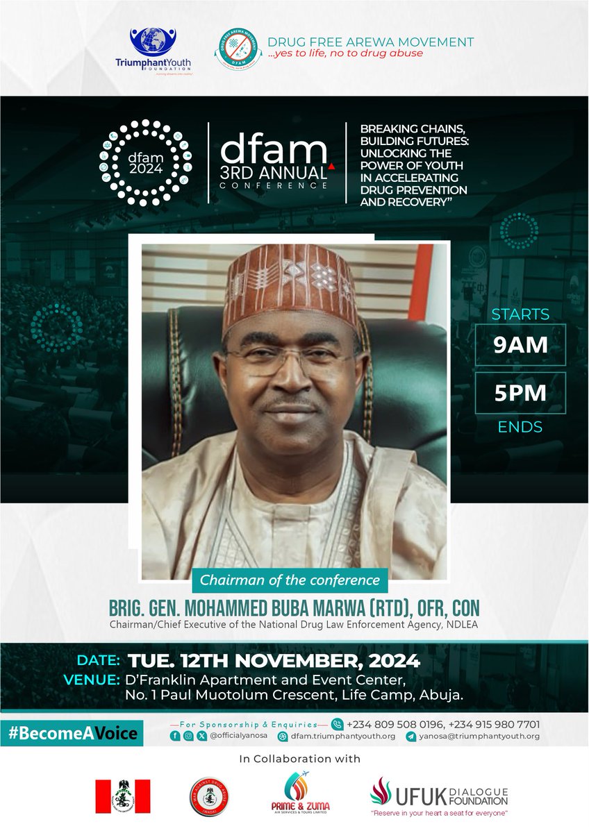 officialyanosa's tweet photo. We’re excited to announce that Brig. General Mohammed Buba Marwa (Rtd) CFR, CON, Chairman/Chief Executive of the NDLEA, will chair this year’s event. His leadership in the fight against drug abuse is transforming lives across Nigeria.

Register today: https://t.co/j89tsGJI5y https://t.co/EwFVxNVtQh