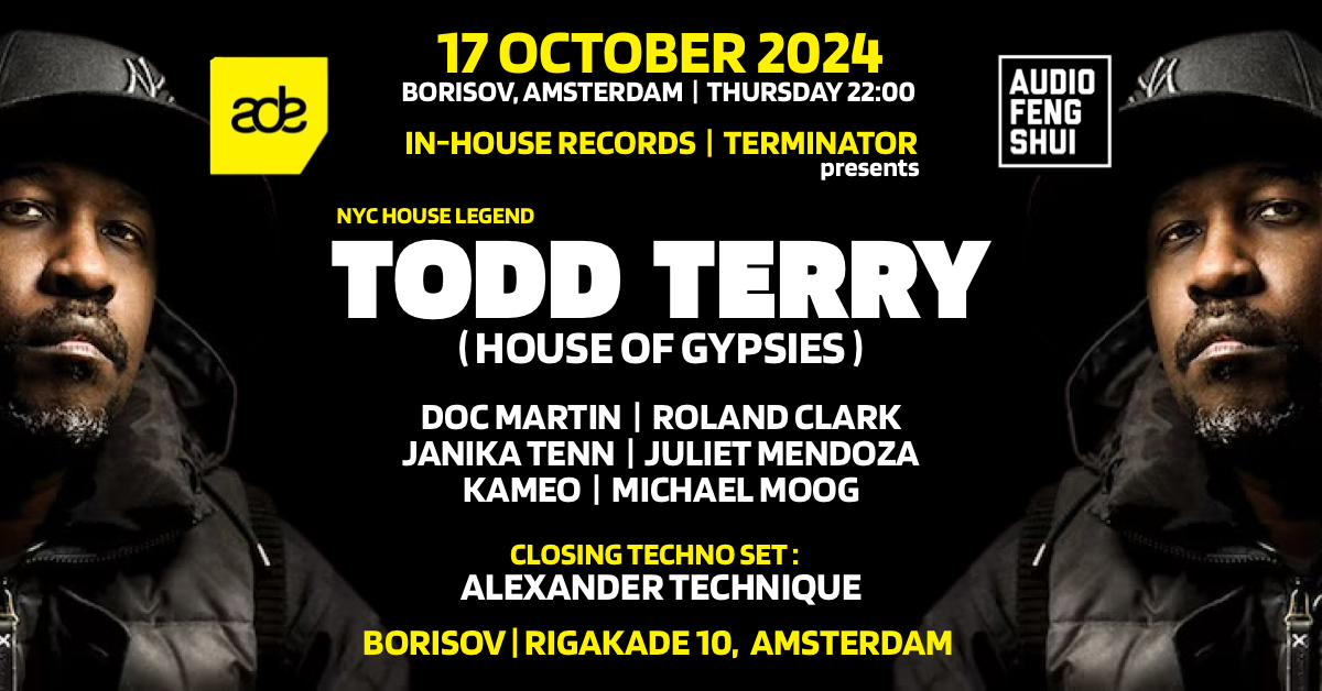 Thursday October 17 <a href="/ADE_NL/">AmsterdamDanceEvent</a> <a href="/InHouseRecords/">InHouseRecords</a>  &amp; <a href="/TerminatorRec/">Terminator Records</a> &amp; Audio Feng Shui  borisov.amsterdam w/ House Of Gypsies, Doc Martin <a href="/sublevelDoc/">Sublevel</a>  <a href="/rolandclark/">rolandclark aka jesusjackson</a>  <a href="/JanikaTenn/">Janika Tenn</a>  <a href="/DJJulietMendoz2/">DJ Juliet Mendoza</a>  <a href="/kameo_music/">KAMEO</a>  <a href="/damoogster/">michael moog</a> <a href="/AlexanderTechnq/">Alexander Technique</a> 
TICKETS:: borisov.stager.co/web/tickets/11