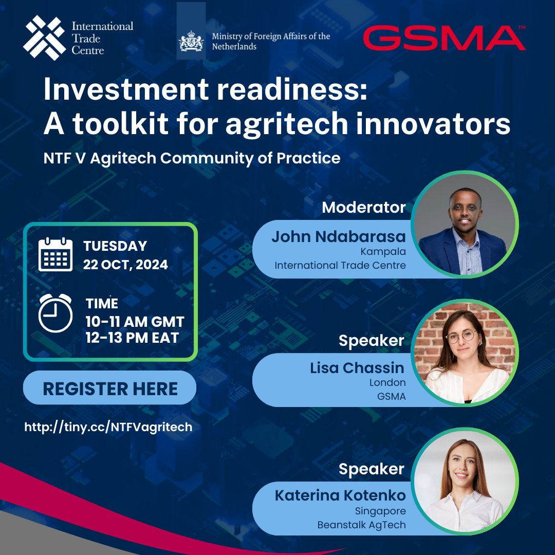 John_N (@john_ndabarasa) on Twitter photo Excited to partner with <a href="/GSMA/">GSMA</a> for our next #NTFV Agritech Community of Practice! <a href="/LisaChassin/">Lisa Chassin</a> will share key insights from their recently published report along with a step-by-step guide to fundraising. We’ll also hear from <a href="/beanstalkagtech/">Beanstalk AgTech</a>.
🔗tiny.cc/NTFVagritech
🗓️Oct 22 Excited to partner with <a href="/GSMA/">GSMA</a> for our next #NTFV Agritech Community of Practice! <a href="/LisaChassin/">Lisa Chassin</a> will share key insights from their recently published report along with a step-by-step guide to fundraising. We’ll also hear from <a href="/beanstalkagtech/">Beanstalk AgTech</a>.
🔗tiny.cc/NTFVagritech
🗓️Oct 22