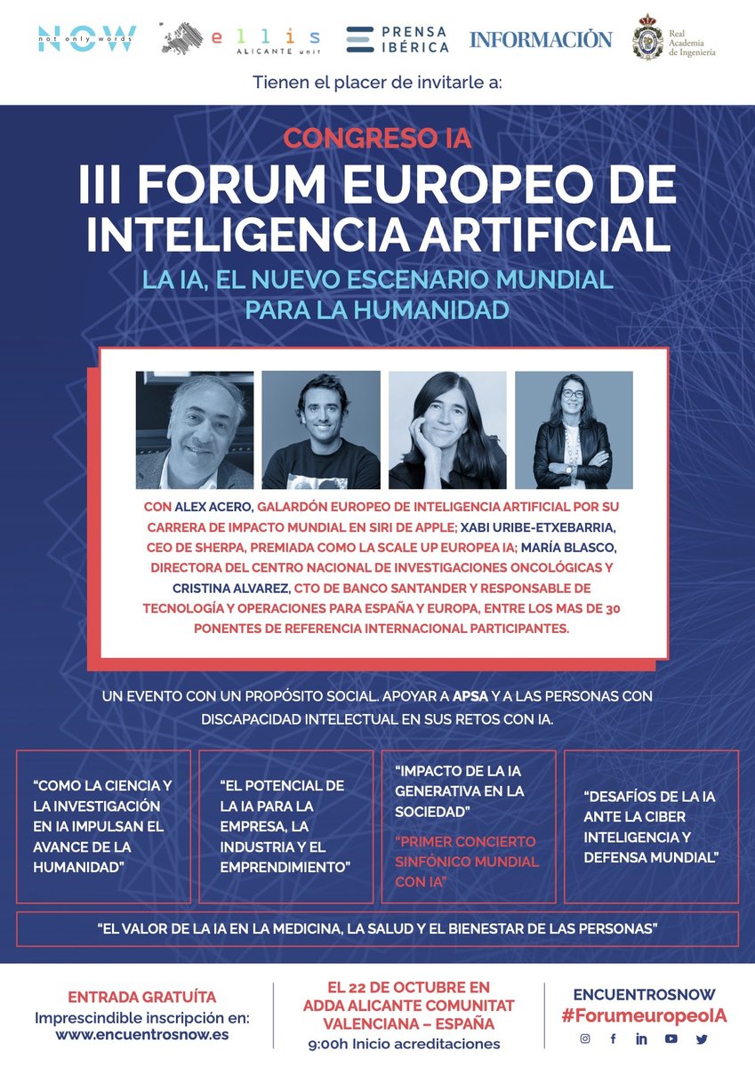 AEFALICANTE (@aefalicante) on Twitter photo 🔵 III Fórum Europeo de Inteligencia Artificial: "La IA, el nuevo escenario mundial para la humanidad".
👏🏼 Un evento con un propósito social.
📍Gratis el 22/10 ➡️ encuentrosnow.es
#IA #InteligenciaArtificial <a href="/ELLIS_Alicante/">ELLIS Alicante</a> <a href="/EncuentrosNOW/">Encuentros NOW</a> <a href="/PrensaIberica/">Prensa Ibérica</a> <a href="/informacion_es/">INFORMACION.es</a> 🔵 III Fórum Europeo de Inteligencia Artificial: "La IA, el nuevo escenario mundial para la humanidad".
👏🏼 Un evento con un propósito social.
📍Gratis el 22/10 ➡️ encuentrosnow.es
#IA #InteligenciaArtificial <a href="/ELLIS_Alicante/">ELLIS Alicante</a> <a href="/EncuentrosNOW/">Encuentros NOW</a> <a href="/PrensaIberica/">Prensa Ibérica</a> <a href="/informacion_es/">INFORMACION.es</a>