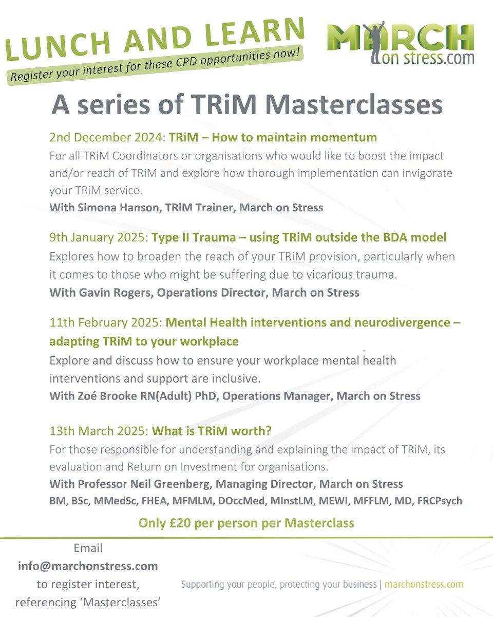 Are you looking to elevate your TRiM provision? Join one of our upcoming masterclasses! 
Email info@marchonstress referencing 'Masterclasses' to register interest.
#TRiM #LunchAndLearn #CPD