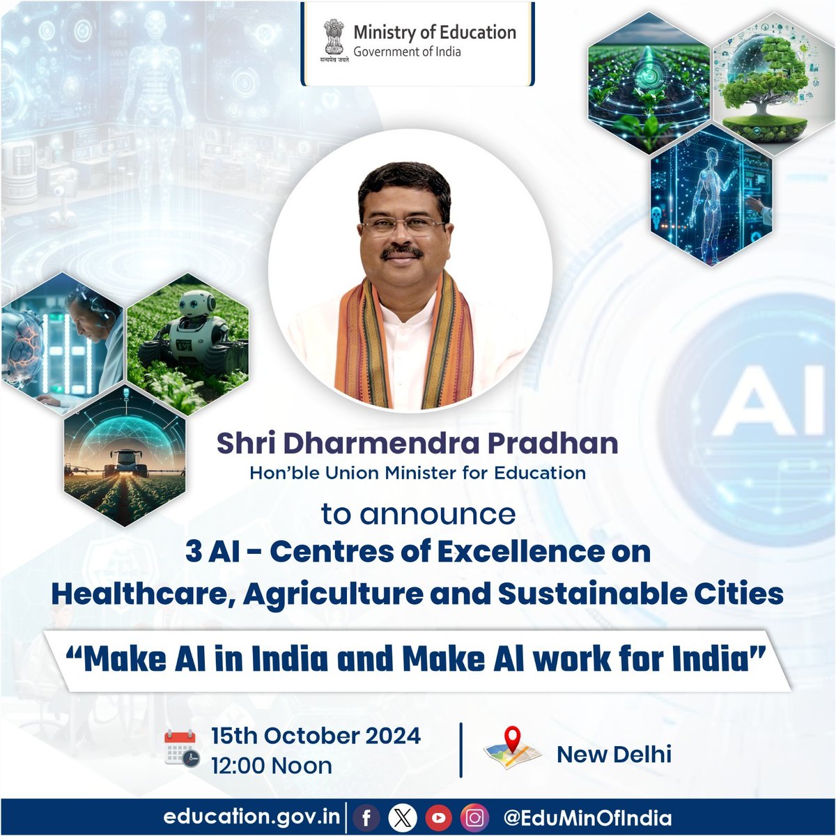IITISM_DHANBAD's tweet photo. Empowering India's Future with AI: Hon’ble Union Minister for Education Shri Dharmendra Pradhan to unveil 3 AI Centres of Excellence focused on Healthcare, Agriculture, and Sustainable Cities on 15th October, 2024. Watch it live: https://t.co/nC7qI03I4M
#AIforIndia #IITStartups https://t.co/zW1mnt1G6F