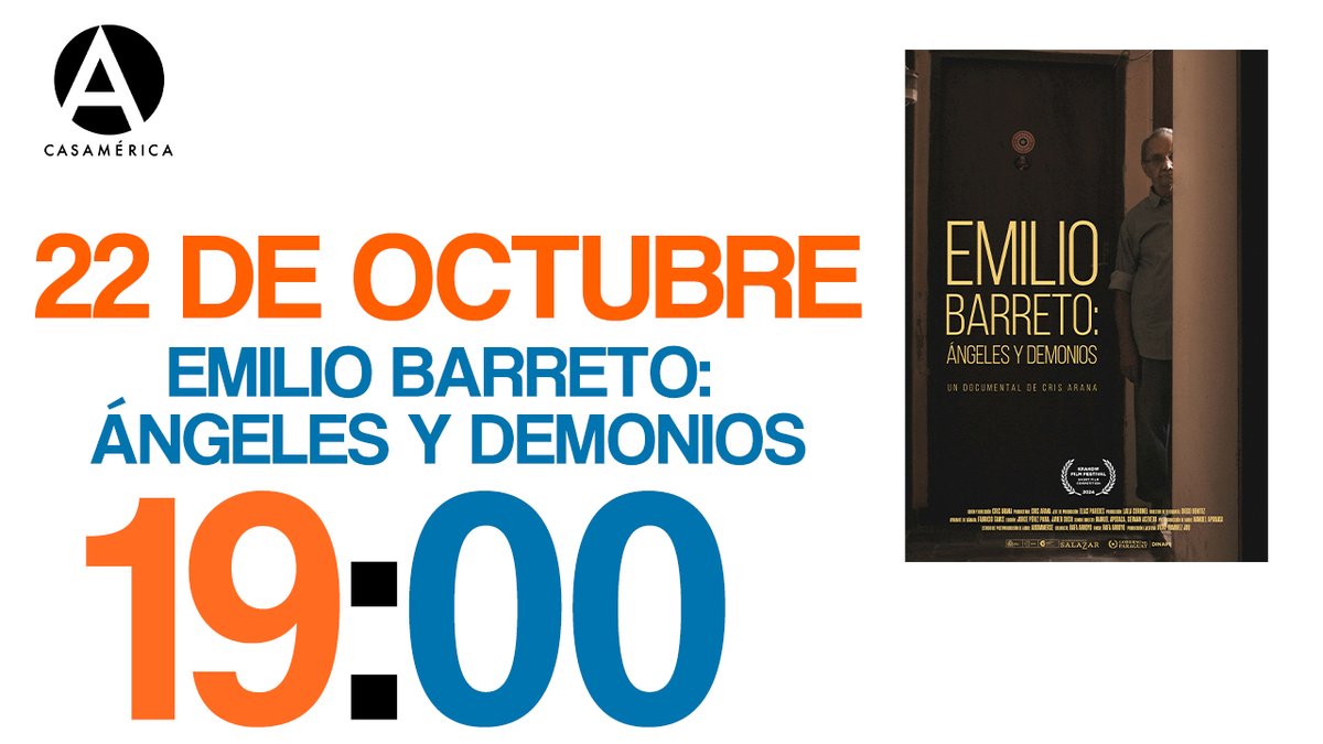 🎥 🇵🇾 Preestreno del cortometraje documental 'Emilio Barreto: Ángeles y demonios' (2024), de <a href="/Crisarana/">Cris Arana</a>. Tras la proyección, tendrá lugar un coloquio con la directora.

🗣️ Con Vicky Ramírez.
🤝 Con <a href="/EmbaparEspana/">Embajada del Paraguay en España</a>
📅22/10.
⌚19h.
🎟️ Entrada libre.
🔗casamerica.es/cine/emilio-ba…