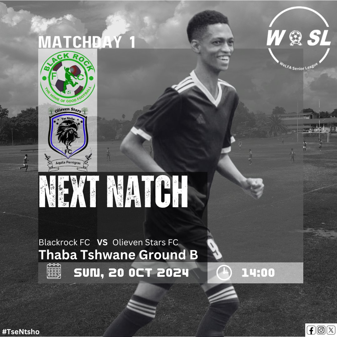 OlievenStarsFC's tweet photo. ❗Upcoming Fixture Alert❗

⚽️ #WeLFA Senior League - Matchday 1
🆚️ Blackrock FC
🗓 20 October 2024
🏟 Thaba Tshwane Sports Ground B
🕓 14:00

#OSFC
#TheBlackEagles
#TseNtsho 
⚫ ⚪ 🔵🦅 https://t.co/8N0N2ee1vy