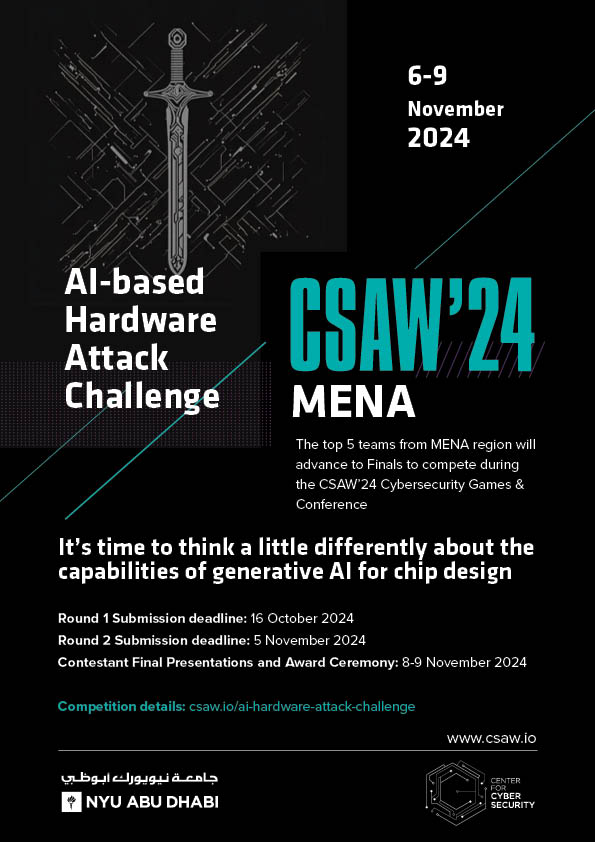 🚨 Deadline Alert! 🚨
Last chance to join the AI-Based Hardware Attack Challenge! 🛠️🧠 Put your skills to the test and tackle cutting-edge challenges. Don't miss out—submit your entries by tomorrow! 
Get all the details here: csaw.io/ai-hardware-at…
#CSAW24
<a href="/CSAW_NYUAD/">CSAW MENA</a>