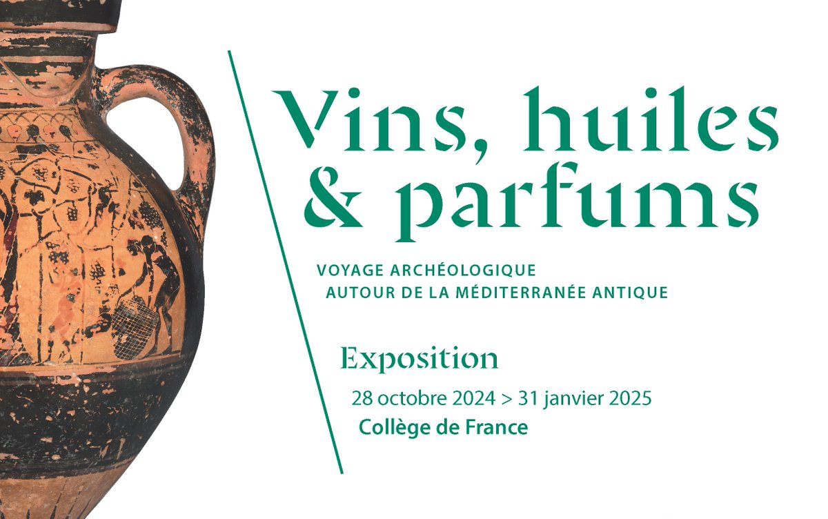 #Exposition #Histoire
"Vins, huiles et parfums : voyage archéologique autour de la #Méditerranée antique"
🏺 Exposition gratuite au Collège de France avec la participation exceptionnelle du <a href="/MuseeLouvre/">Musée du Louvre</a>.
⏰ Du 28 octobre 2024 au 31 janvier 2025
👉 college-de-france.fr/fr/vhp