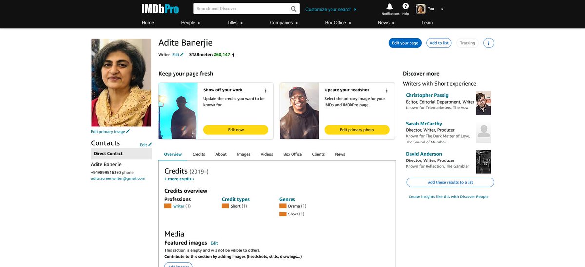 adite's tweet image. I am now on #IMDbPro with a #screenwriting credit. Feel like a pro! Wahoo!😎😁